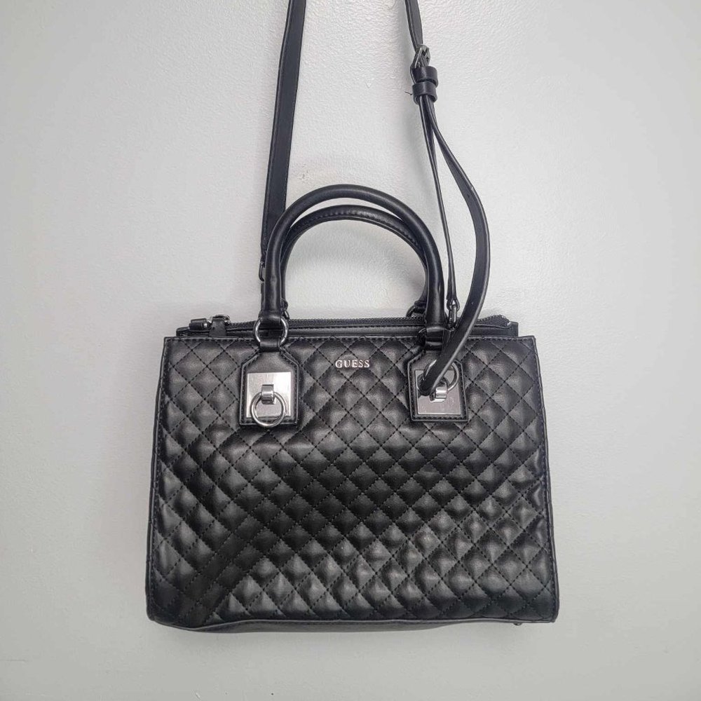 Guess Women's Stassie Society Satchel quilted Handbag Purse  Black
